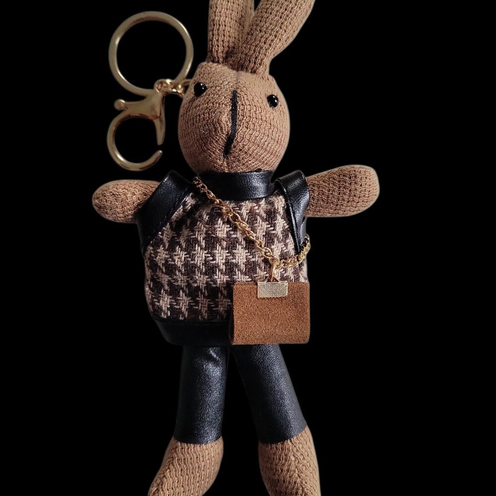 ❤️7" Bunny Keychain Bag Charm Wearing Houndstooth Sweater & Crossbody Purse - Picture 5 of 9